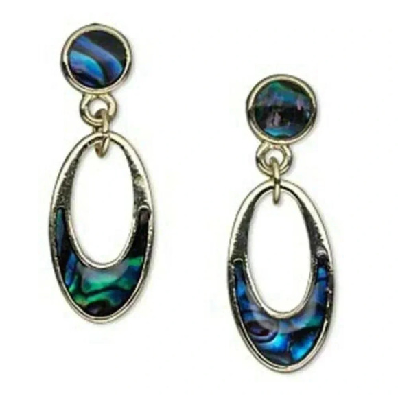 Gold 14K Plated Abalone Shell Open Oval Drop Modernist Post Dangle Earrings - Picture 1 of 1